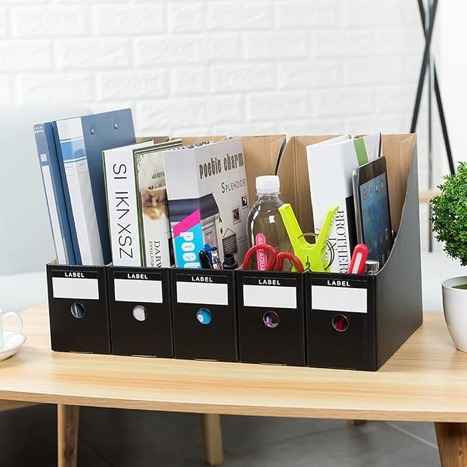 Foldable Desk File Holder Organizer Sturdy Cardboard Magazine Storage Box Document Rack with Blank Label Stickers for Home School Office (15, Matte Black)