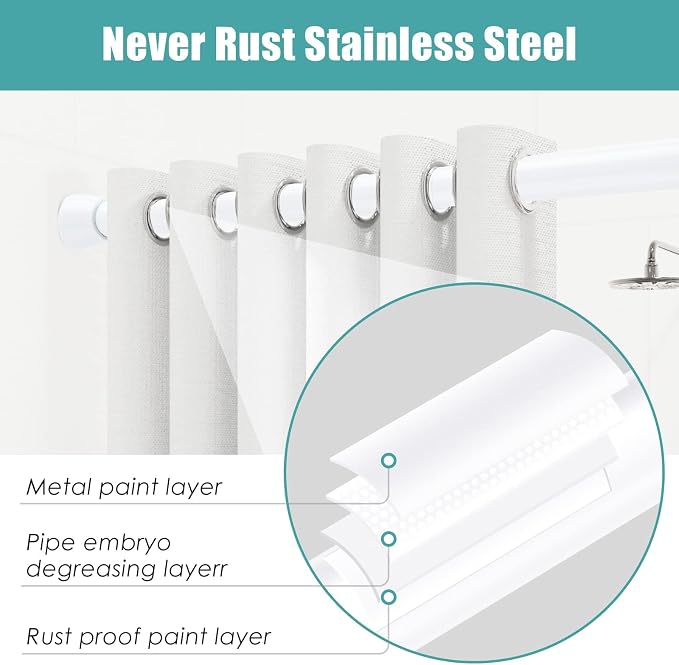 AIZESI 2PCS Tension Curtain Rod 43 to 73 Inch Shower Curtain Rod No Drilling, Never Rust, Adjustable Curtain Rod, Spring Tension Rods for Window, Bathroom, Kitchen, Doorway, White