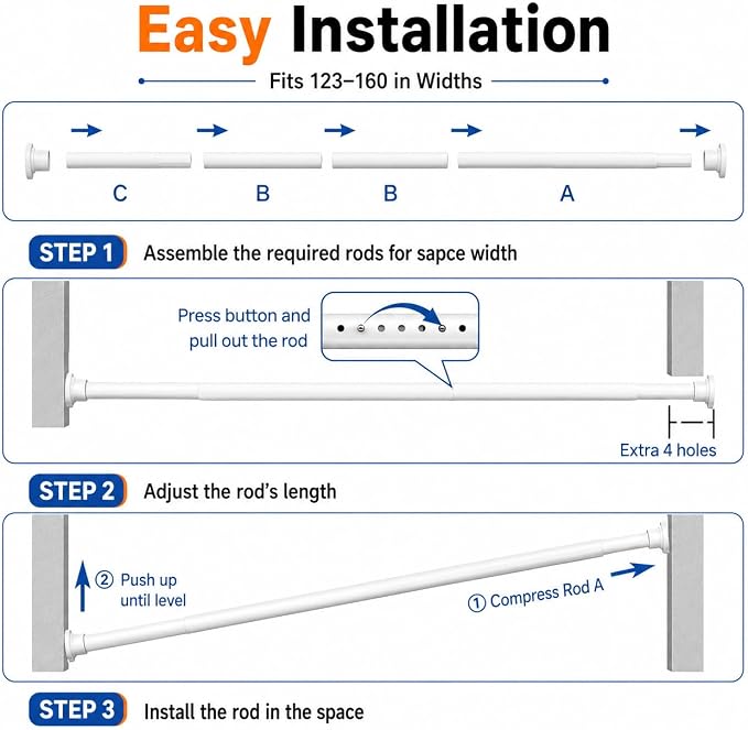 ALLZONE Tension Curtain Rod for Windows, 123 to 160 Inch, Heavy Duty Extra Long Curtain Rods, Non-Slip Bathroom Shower Tension Rod, Renter Friendly, Adjustable, Spring Loaded, White