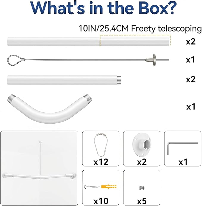 L Shaped Shower Curtain Rods, Adjustable (23''-69'' X 23''-69'') Corner Shower Rod with 12 Shower Curtain Rings, All 304 Stainless Steel, for Bathroom, Bathtub, Clothing Store, Need to Drill, White