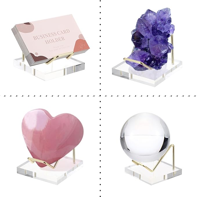 Hipiwe Metal Display Stand with Acrylic Base, Gold Business Card Holder Stand Rock Easel Stand for Fossil Coral, Mineral Rocks, Geodes, Agate Collectibles