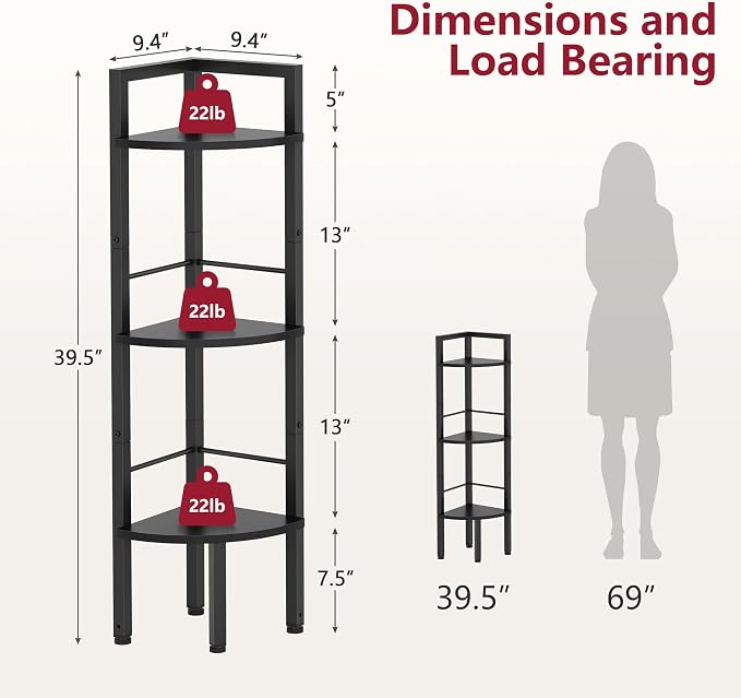 Tajsoon Small Corner Shelf Stand 3 Tier 39.6" Industrial Corner Ladder Shelves, Corner Display Shelf for Bedroom, Living Room, Office, Kitchen, Black