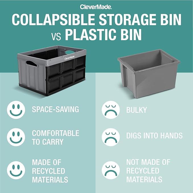 CleverMade Collapsible Storage Bins 62L (3-Pack) – Heavy Duty Collapsible Plastic Storage Bins, Large Stackable Folding Storage Bins for Garage, Car, Grocery & Home Organization - Obsidian