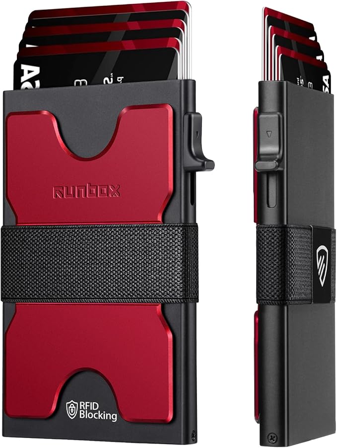 RUNBOX Slim Card Holder Wallet for Men, Minimalist RFID Blocking Wallet with Pop-Up Function, Ultra-Thin Design, Metal Business Card Cases holds 6+6 Cards, Gifts for Men, Men's Accessories
