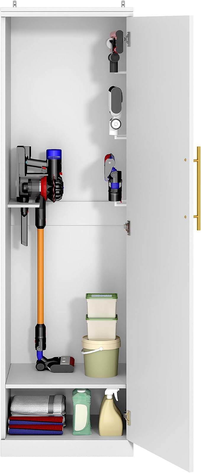 Broom Closet Storage Cabinet, 65" H Slim Utility Closet with Door and Shelf, Tall Vacuum Storage Cabinet with Hooks for Cleaning Tool, Broom Closet Organizer for Bathroom, Garage, White