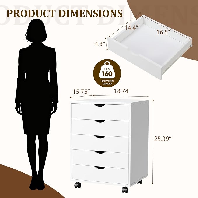 5 Drawer Rolling Storage Cabinet, Mobile File Cabinet for Office, White | Rolling Storage Cabinet with 5 Drawers for Desk Drawer Organization, Home Office Storage and Printer Stand