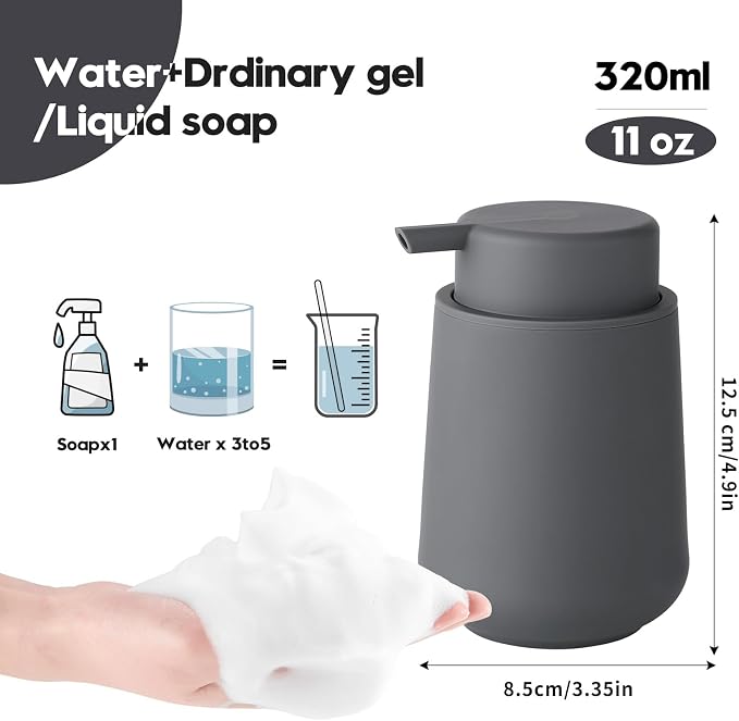 YAUKPH Matte Gray Foaming Hand Soap Dispenser Plastic 11 oz - Modern Minimalist Style for Bathroom & Kitchen Countertop Refillable