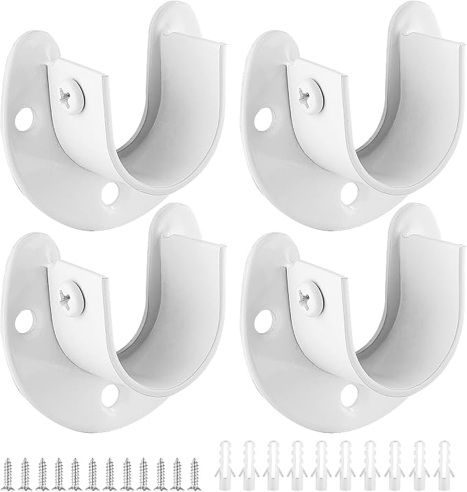 Closet Rod End Supports, 1 Inch, White, 4 Packs | Stainless Steel, Heavy Duty, U-Shaped, With Screws