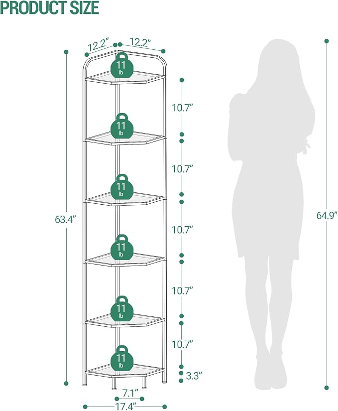 Hzuaneri Corner Shelf Stand,6-Tier Glass Bookshelf Bookcase, Bathroom Organizer, Plant Stand, Steel Frame, Tempered Glass, Modern Style for Living Room, Bathroom, Kitchen, White CS90613W
