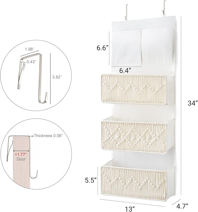 Mkono Macrame Over The Door Organizer Boho Decor Hanging Nursery Storage with 3 Large Woven Pockets, Back of Door Organizer for Bedroom Bathroom Closet Pantry Dorm, Ivory, Gifts for Mother, Girls