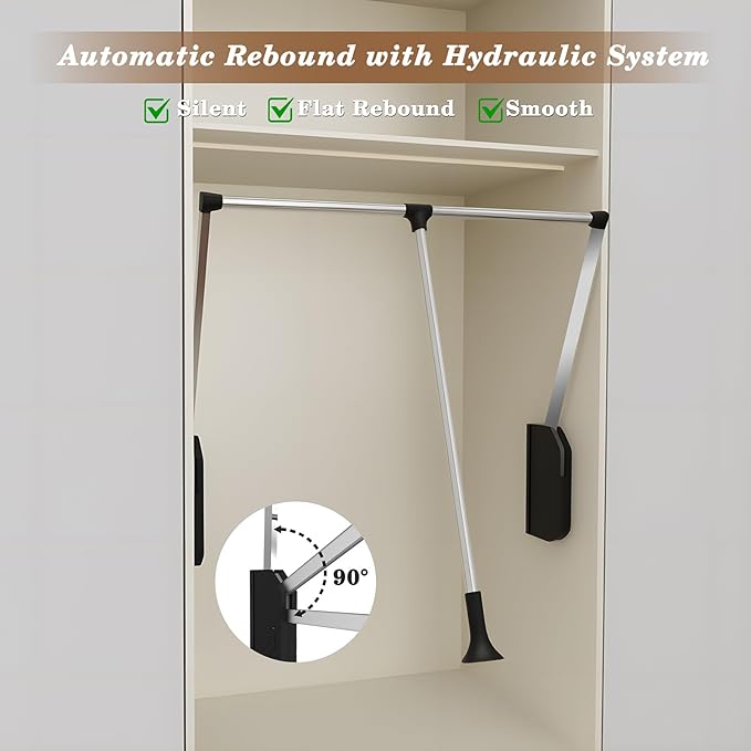 Pull Down Closet Rod Stainless Steel 35"-48"Adjustable 60 lbs | Wardrobe Lift Rail Rod,Side & Back Mounted Closet Pole for Waredrobe & Hanging Clothes,with Hydraulic System