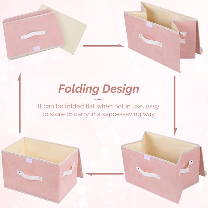 Lucky Monet Cute Storage Bin Boxes with Lids Washable Decorative Storage Boxes Pink Lidded Storage Baskets Collapsible Fabric Box Cubes with PU Leather Handles for Shelf Closet, 1 Pack Pink, Large