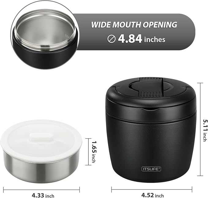 Itslife 32oz Insulated Soup Thermo, Vacuum Stainless Steel Food Jar for Hot & Cold Food, Leakproof Wide Mouth Lunch Container with Spoon, Black