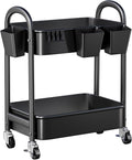 2 Tier Rolling Cart Metal on Wheels, Two Tiered Short Storage Side Table with Wheels, Heavy Duty Under Desk Mobile Trolley, Small Utility Organizer Carts for Craft, Art, Office, Kitchen, Black Basket