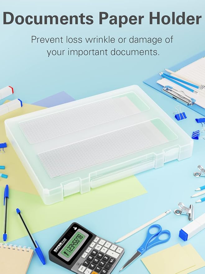 Denkee Large Paper Storage Box, 4 Pack Plastic Scrapbook Paper Storage Organizer with Handle for A4, 8.5 x 11 US Letter, Portable File Document Case, Board Game Storage