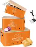 Kitchen Vegetable Storage Set of 3, Metal Onion Garlic Potato Storage Set, Kitchen Canisters Vegetable Keeper Containers with Aerating Holes and Bamboo Lid,Orange