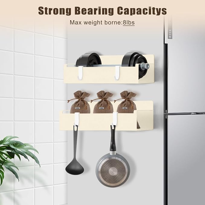 Magnetic Cup Holder for Fridge, Spice Organizer, Stanley Cup & Water Bottle Organizer with Detachable 4 Hooks for Cabinet and Kitchen, Light beige (2 Pack)