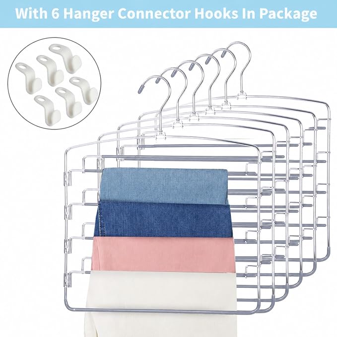 Pants Hangers 6 Pack 5 Layers Multi Functional Pants Rack Swing Arm Space Saver Hanger for Trousers Jeans Towels Scarf （Grey）