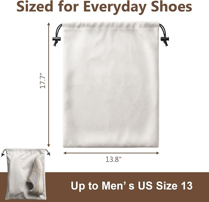 Upgraded Shoe Bags for Travel, 6 Pack Soft Flannel/Cloth/Fabric | Large 17.7 x 13.8 Inches | Fits One Pair of Shoes up to Men's US Size 13 | Washable & Reusable | Ideal for Suitcase Packing