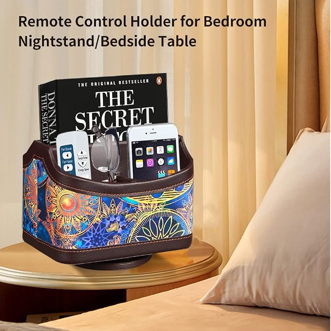 PU Leather 360° Rotatable Remote Control Holder, TV Remote Caddy for Table | Colorful Art Supply Organizer Pen Holder, Multi-Functional Desk Organizer for Nightstand,Living Room,Home and Office Decor