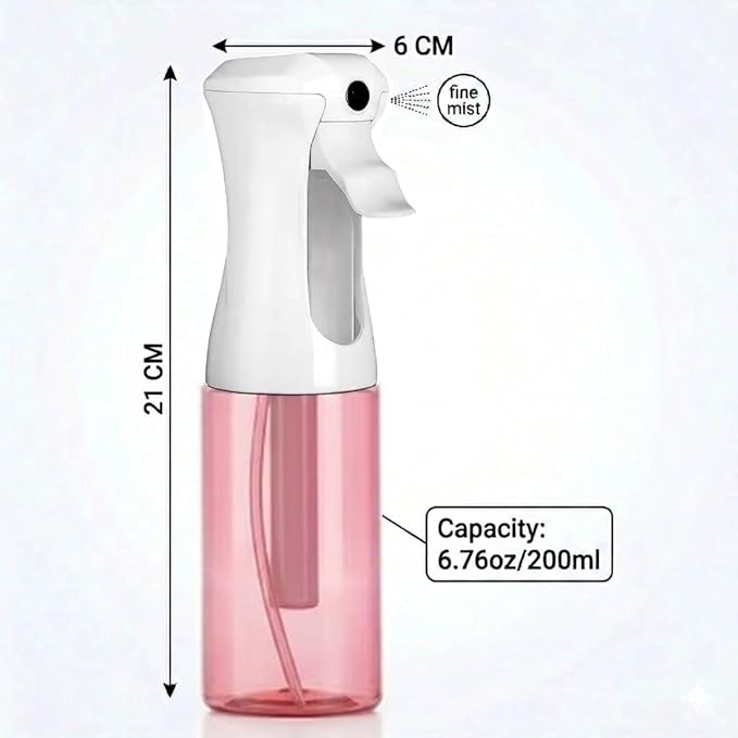 VIGOR PATH Continuous Mist Pink Spray Bottle 200ml Fine Mist for Hair | Ultra Fine Atomizer Leak Proof Ergonomic Construction 360 Refillable