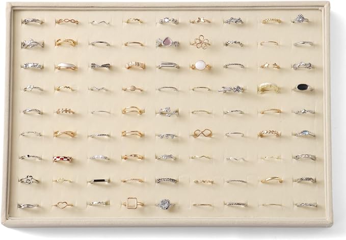 Large Jewelry Organizer for Drawer Insert Velvet Stackable Jewelry Trays for Earring Necklace Bracelet Ring Display (Beige, Ring 81 Slots)