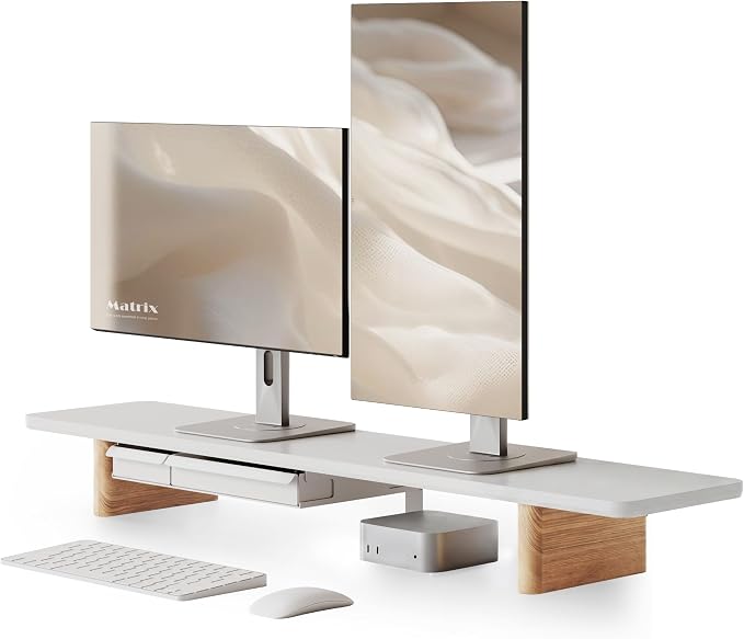 Fenge 42.5" Monitor Stand with Storage Drawers, Minimalist Monitor Riser with Solid Ash Legs and Cable Management, Wooden Desk Shelf for Home Office Workspaces, White