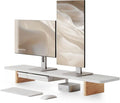 Fenge 42.5" Monitor Stand with Storage Drawers, Minimalist Monitor Riser with Solid Ash Legs and Cable Management, Wooden Desk Shelf for Home Office Workspaces, White