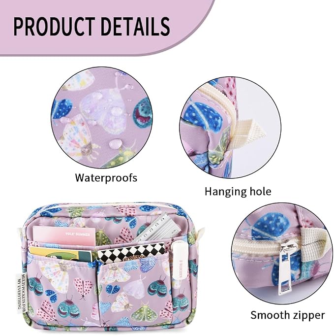 E-WEICHEN Multiple Pockets Portfolio Organizer with Zippered, Makeup Bag Travel Essentials for Women, Simple Waterproof Stationery Pencil Pouch Bag for Journal Office Art Supplies.Purple Moth
