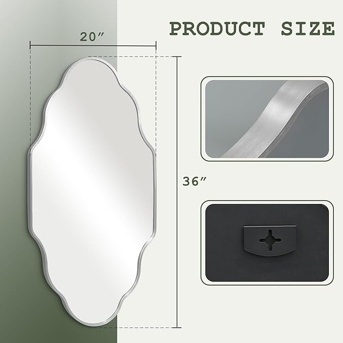 Dorlicecass Wall Mirror for Bathroom - Silver Mirror Wall Decor 20" x 36"Modern Mirror Wall Decor with Aluminum Alloy Frame for Bathroom, Bedroom, Living Room, Dining Room, Cloakroom, Entryway