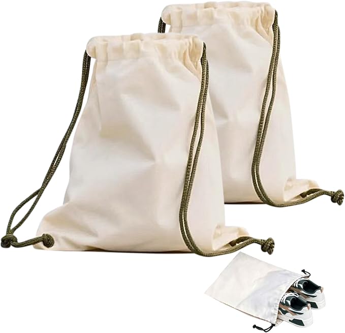 Canvas Shoe Bags for Travel, 2 Pcs, 17.7x13.8in, Beige | Drawstring, Dust Proof, Washable, Shoe Organizers