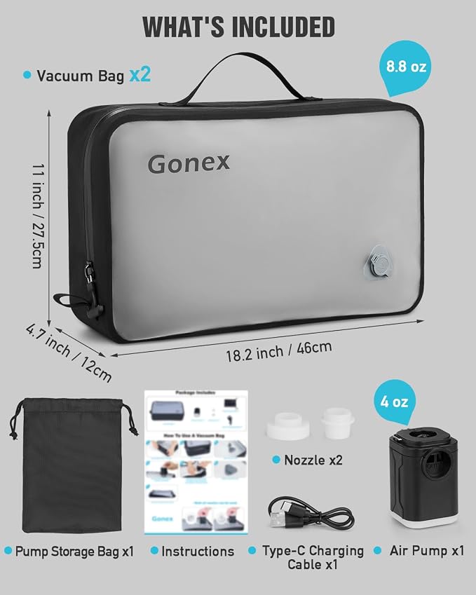 Gonex Vacuum Travel Bags with Pump, Reusable, 2-Pack | Transparent Window, Waterproof TPU, Wide Opening, Built-in Handle, Airtight Valve, Carry-on Compatible