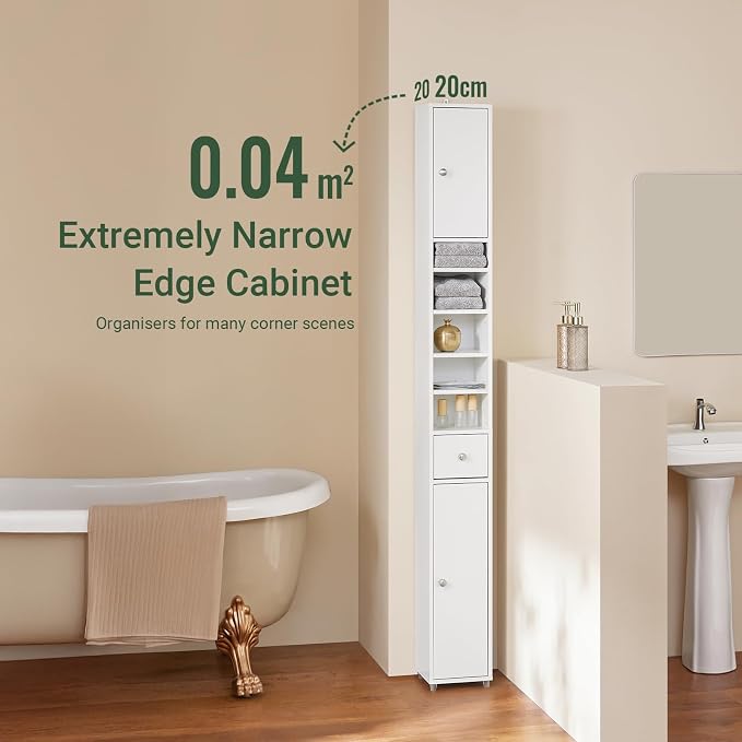 SoBuy Narrow Bathroom Storage Cabinet, 7.8 x 7.8 x 70.8 in, White | Anti-Tipping Narrow Freestanding Bathroom Cabinet With Adjustable Shelves, Slim Storage For Tight Bathroom Corners, BZR34-W