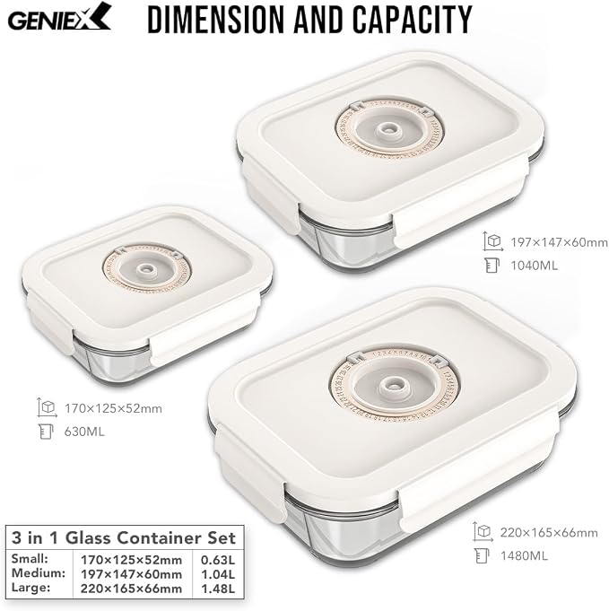 Glass Vacuum Seal Containers Set (S/M/L) | Work with Handheld Vacuum Sealer