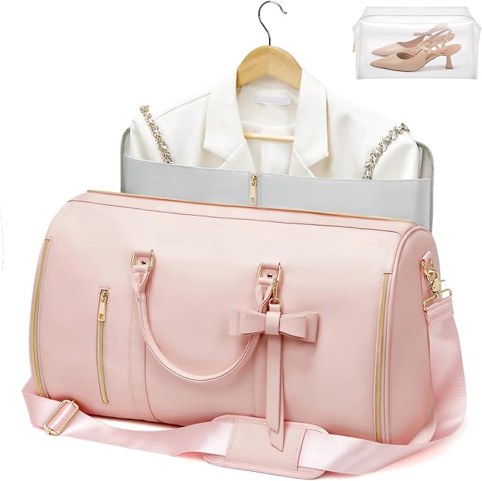 Garment Bags for Travel, Convertible Suit Travel Bag for Women, Fashion & Cute Carry On Garment Bag w/Shoes Pouch, 2 in 1 Foldable PU Leather Hanging Duffle Bag, Single-Zipper Design, Pink