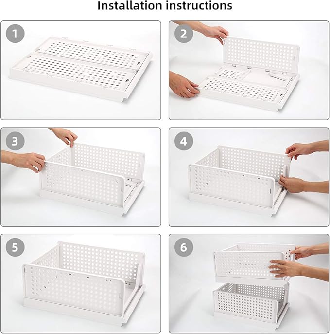 Folding Wardrobe Storage Box 4-Pack Plastic Drawer Organizer Stackable Shelf Baskets Cloth Closet Containers Bin Cubes,Home Office Bedroom Laundry Fold Pull Out Dividers for Clothes,Toys White