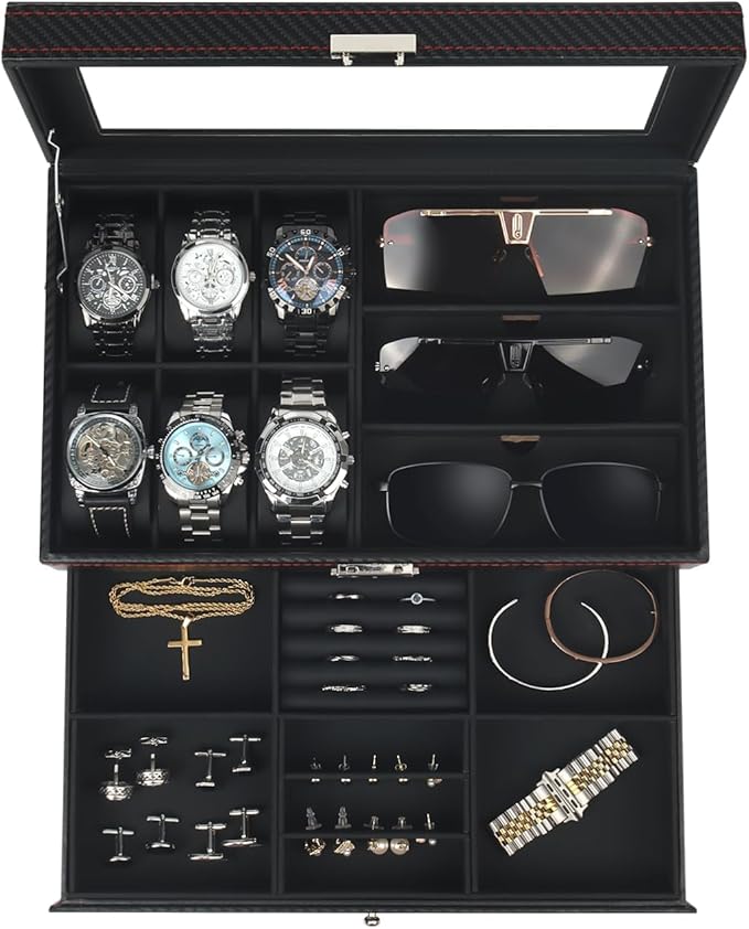 Kukikan Watch Jewelry Box Organizer, 6-Slot 2-Layer Watch Case and Sunglasses Storage with Large Glass Lid, Men's Jewelry Box with Lock, Watch Holder Display Case, Fathers Day Gift for Dad
