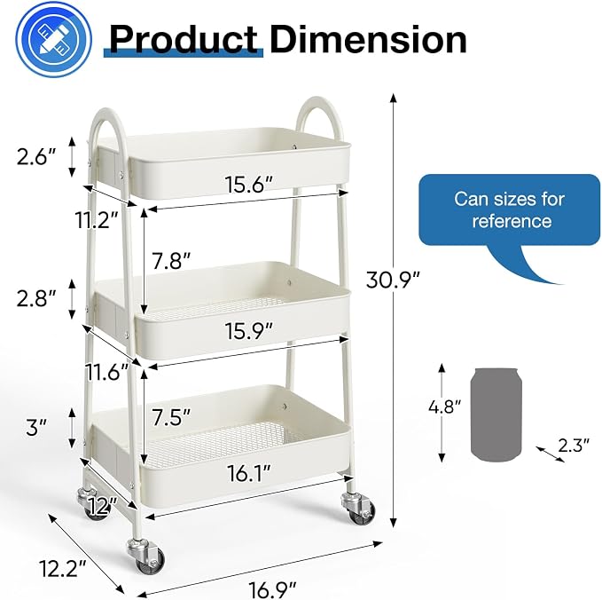 DUMOS 3 Tiers Rolling Cart, Utility Cart, Metal, White | Mobile Storage, Lockable Wheels, Utility Shelving Unit, Kitchen, Bathroom, Laundry, Narrow Places