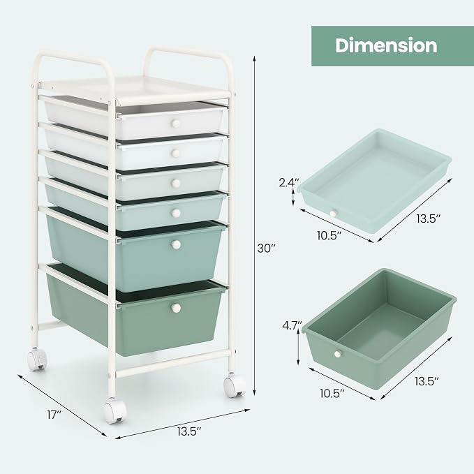 Giantex 6 Storage Drawer Cart Rolling Organizer Cart for Tools Scrapbook Paper Home Office School Multipurpose Mobile Utility Cart, Green Gradient