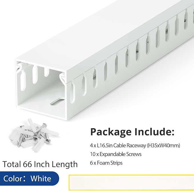1.4"H x 1.6"W Cable Raceway, 66in Under Desk Wire Management Channel, White | Slotted Wire Duct, 4Pack, 16.5in Each, Heavy-Duty PVC Cable Management for Server Racks, Network Cables & Electrical Cabinets