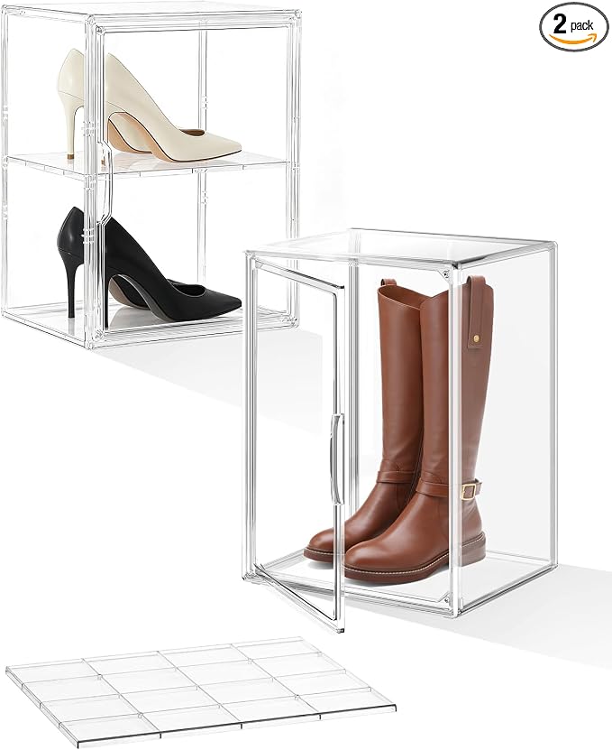 XXX-Large Clear Stackable Acrylic Display with Lid & Magnetic Door - 2-Tier Adjustable Shoe Box Case 11.8'' X 9.8'' X 15.7''Organizer for Boot, Sneakers, Collectibles, Figures, Purses | 2-Pack