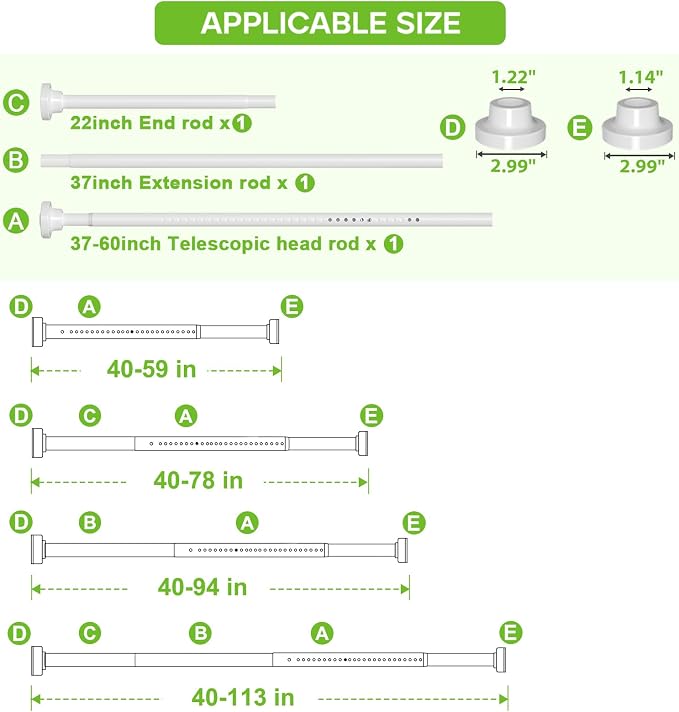 Long Tension Curtain Rod 40-113inch White Curtain Rods no Drilling Adjustable Tension Rod for Windows,bathroom,Patio,Doorway,Heavy Duty Spring Rods Diameter 1.26inch