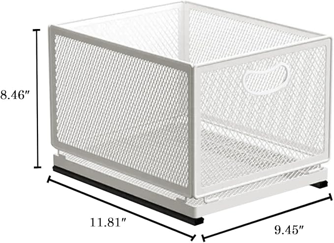 Sliding Cabinet Basket Organizer Drawer Self Adhesive Slide out Pantry Shelves Heavy Duty Carbon Steel Slide Cabinet Storage Basket with Handle for Bathroom Kitchen Home