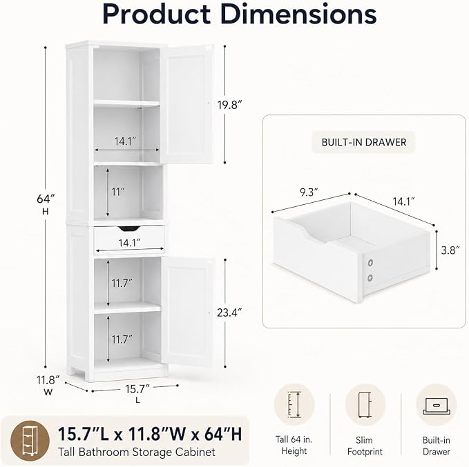 Walsunny Tall Bathroom Storage Cabinet with Freestanding Adjustable Shelves, Narrow Storage Linen Cabinet with 2 Doors and 1 Drawer for Bathroom, Living Room, Kitchen(White)