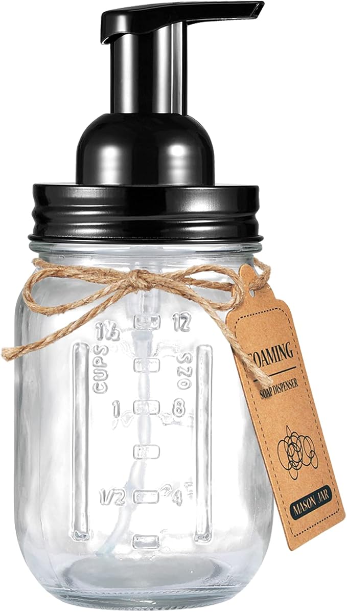 SheeChung Mason Jar Foaming Soap Dispenser-Rustproof Stainless Steel Lid & Foaming Soap Pump, Refill Foam Hand Soap Dispenser Glass for Bathroom Kitchen Vanities, Countertops-Black (1 pk)