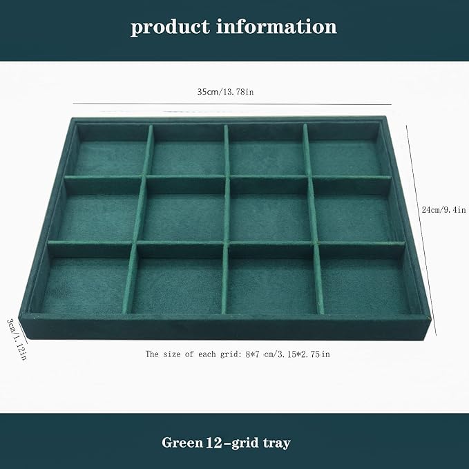 Large Velvet Jewelry Tray, Drawer Organizer for Jewelry in Dresser, Stackable Jewelry Drawer Organizer Inserts for Earring Necklace Bracelet Rings(Green,12grid)