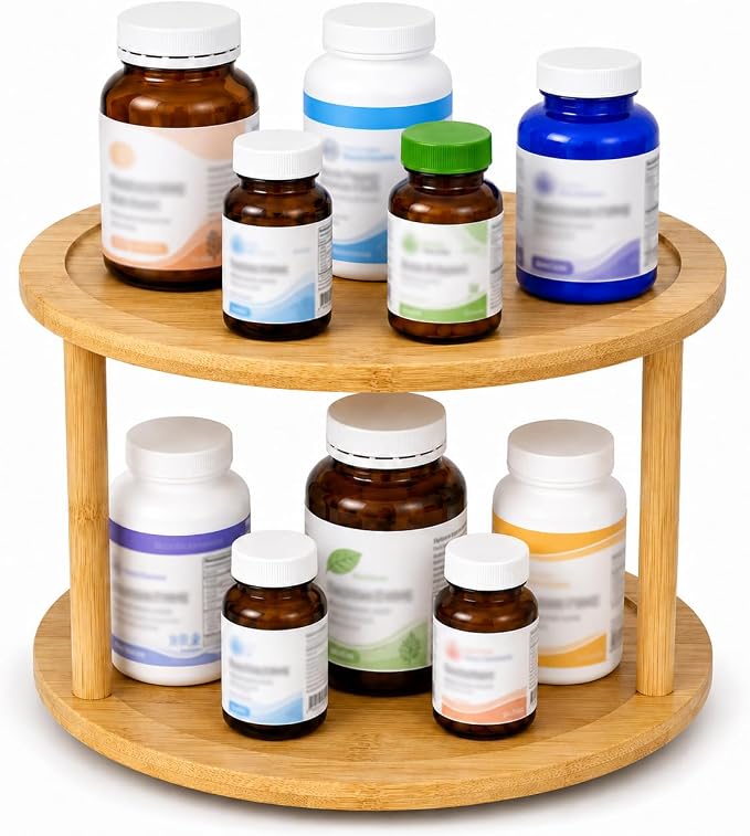 2 Tier Wooden Lazy Susan Organizer, 360 Degree Rotating Medicine Cabinet Turntable for Bathroom, Kitchen Cupboard, Countertop, Pantry and Spice Bottle Storage