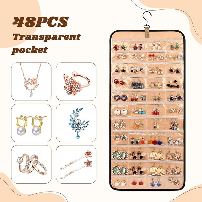 Hanging Jewelry Organizer Storage Roll with 48pcs Pocket Double Sided Rotating Hanger Necklace Hanging Wall Organizer with Hanger Hooks(COLOR:Black)