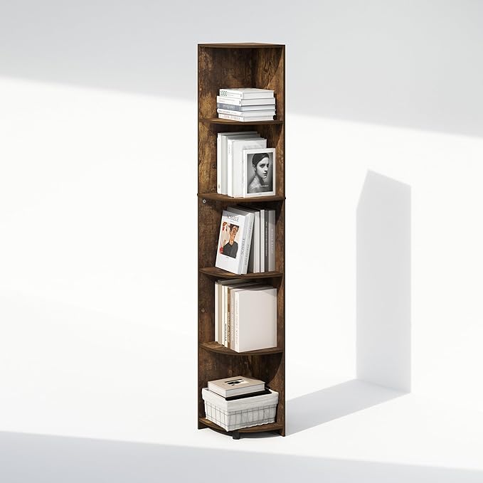 Furinno Basic Book Shelf, 5-Tier Bookshelf, Bookcase with Multipurpose Corner Shelf, 12 x 12 x 70.8, for Living Room, Bedroom, Home Office, Amber Pine