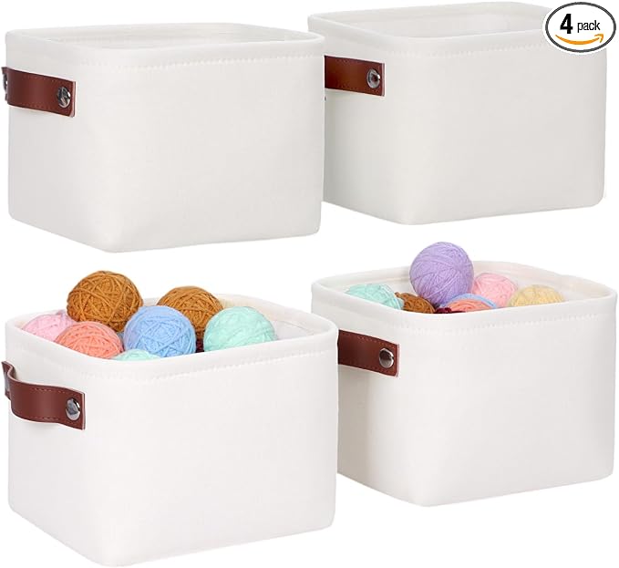 Small Fabric Storage Bins, Mini Storage Cubes, 7.8x6.7x5.9 inch | Decorative Storage Basket, Collapsible Storage Organizer, with Handles, For Desk Shelves Makeup, 4-Pack, White